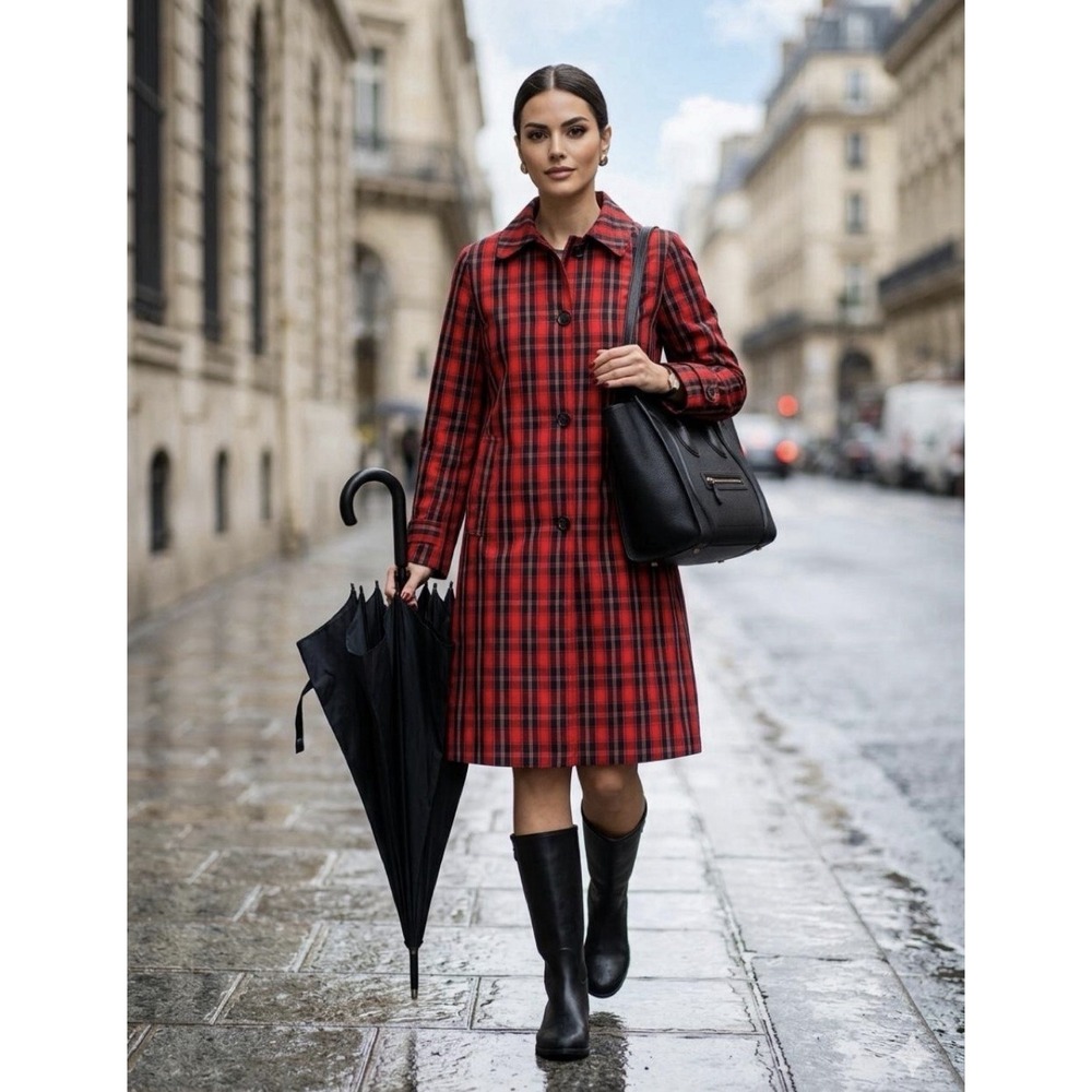 J Crew 4 Red Navy Tartan Plaid Raincoat Long Lightweight Preppy Trench Coat